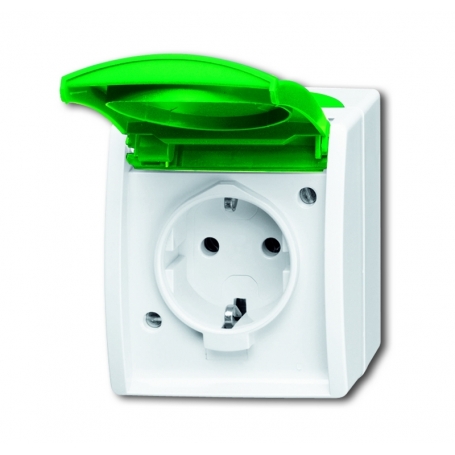 Busch-Jäger SCHUKO® outlet, with green folding lid alpinwhite 2083-0-0837