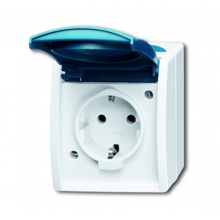 Busch-Jäger SCHUKO® outlet, with hinged lid and labeling field grey/bluegreen 2083-0-0818