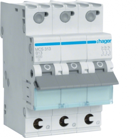 Hager MCS313 istič 13A/3pol/C 6kA, QC obvod Breaker 3 polig 6kA C-characteristic 13A QuickConnect 3 moduly