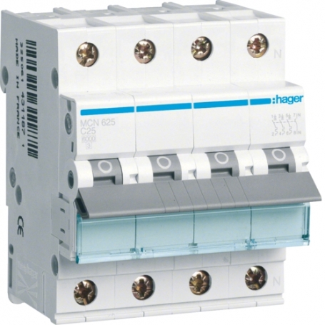 Hager MCN625 LS switch 25A/3pol+N/C6kA C-characteristics4 modules