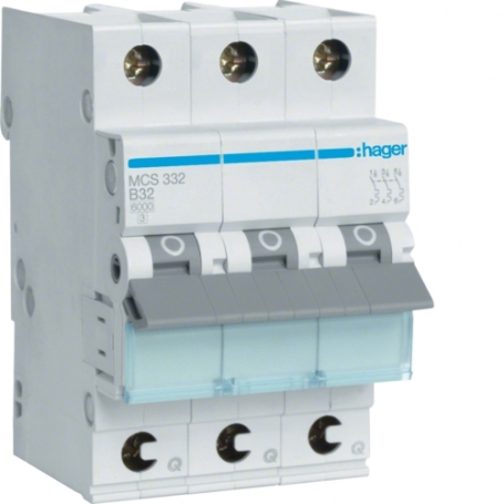 Hager MCS332 LS prepnúť 3P 6kA C-32A QC QuickConnect 3M obvod Breaker 3 polig 6kA C-characteristic 32A 3 moduly