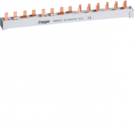 Hager KB663ET fázisvasút,4pol,10mm2,1FI, 4p + 1 LS,3+N+ 6LS,1+N pin sín 4pin 102 mm 14PLE