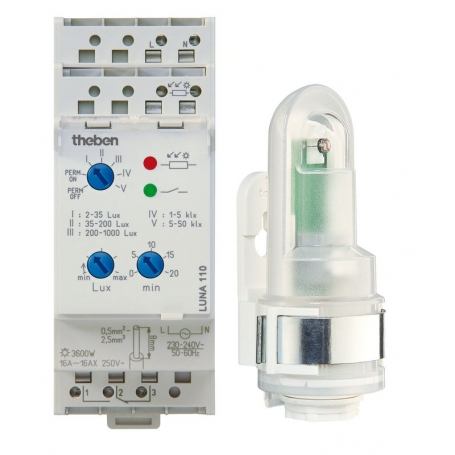 Theben T1100100 Reiheneinbau-Dämmerungsschalter, 2 TLE, 2-50 000 Lux, m. Aufbau-Lichtsensor