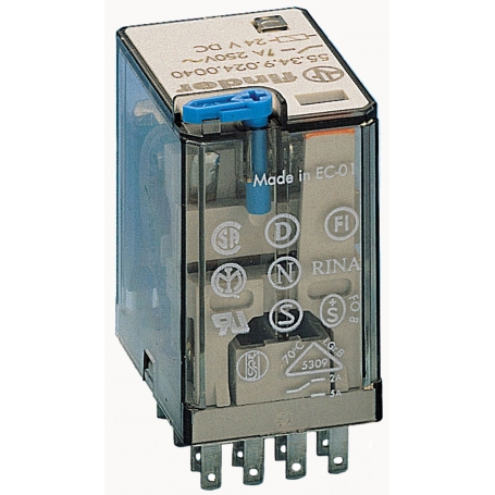 Finder 553490240090 Relais mit Steckanschlüssen, LED-Anzeige und Freilaufdiode, 4 Wechsler 7 A, Spule 24 V DC