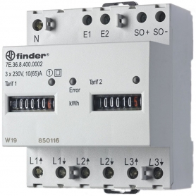 Finder 7E36840012 számláló, 2 vámszámláló, 3-fázisú háromfázisú áram, akár 65 A, SO interfész, MID-megfelelő