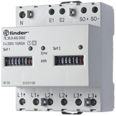 Finder 7E3684000012 compteur, 2 compteurs tarifaires, pour courant 3 phases, jusqu'à 65 A, interface SO, compatible MID