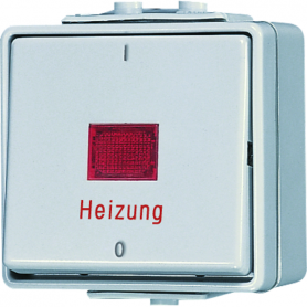Jung 602 HW heating switch, 10 AX, 250 V , red light exit window, marking 1 / 0, 2-pin