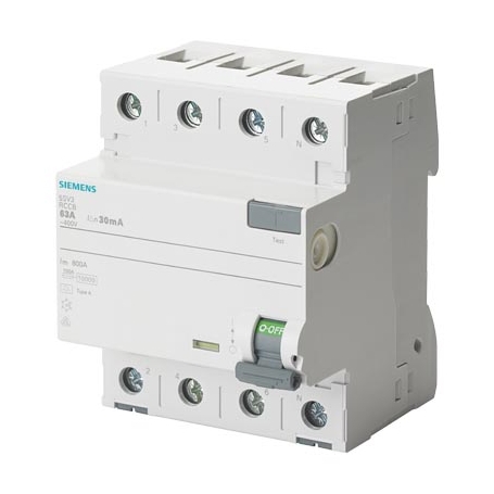 Siemens 5SV3444-8LA Disjoncteur FI, 4 broches, type A, sélectif, Dans: 40 A, 100 mA, Un AC: 400 V, avec protection contre la sur