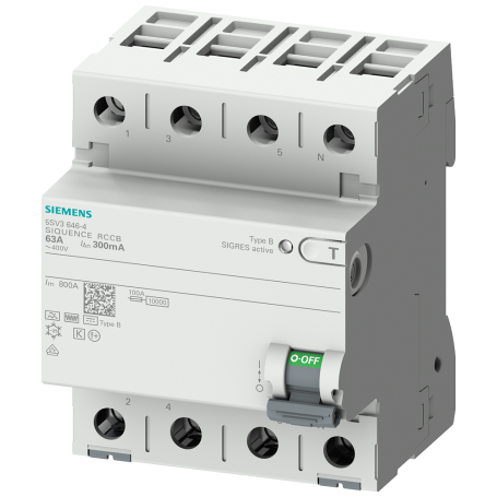 Siemens 5SV3346-4 FI protection switch type B 63A 3+N-pol. 30mA 400V 4TE short-term zoomed.
