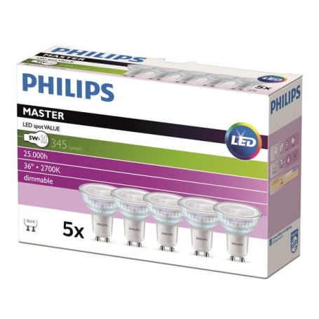 Philips MASTER LEDspot & Value GU10 Hochvolt-Reflektorlampen -  LED-lamp/Multi-LED -  4.7W -  EEK: F 31214200 50W GU10 5er Pack
